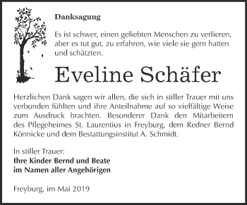 Traueranzeige von Eveline Schäfer von WVG - Wochenspiegel NMB / WSF / ZTZ