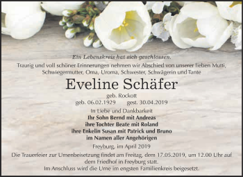 Traueranzeige von Eveline Schäfer von WVG - Wochenspiegel NMB / WSF / ZTZ