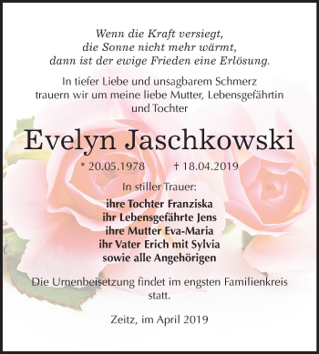 Traueranzeige von Evelyn Jaschkowski von Mitteldeutsche Zeitung Zeitz