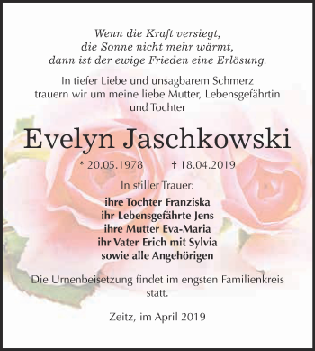 Traueranzeige von Evelyn Jaschkowski von WVG - Wochenspiegel NMB / WSF / ZTZ