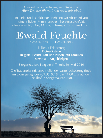 Traueranzeige von Ewald Feuchte von Mitteldeutsche Zeitung Sangerhausen