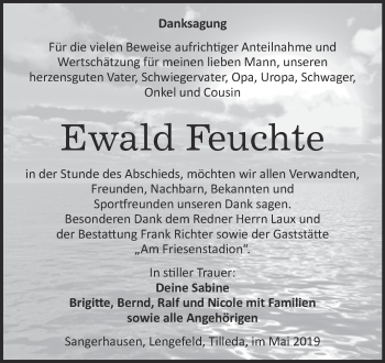 Traueranzeige von Ewald Feuchte von Super Sonntag SGH Mansf. Land