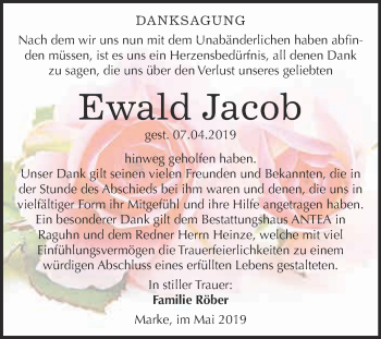Traueranzeige von Ewald Jacob von WVG - Wochenspiegel Bitterfeld