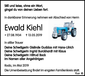 Traueranzeige von Ewald Kiehl von WVG - Wochenspiegel NMB / WSF / ZTZ
