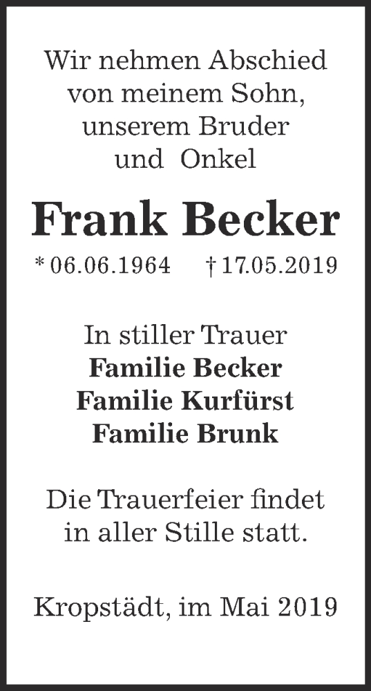  Traueranzeige für Frank Becker vom 20.05.2019 aus Super Sonntag Wittenberg