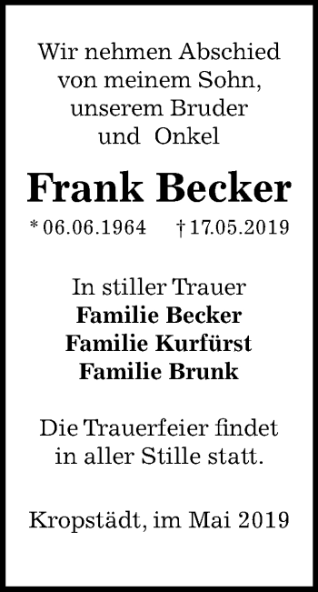 Traueranzeige von Frank Becker von Mitteldeutsche Zeitung