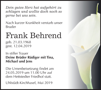 Traueranzeige von Frank Behrend von Mitteldeutsche Zeitung