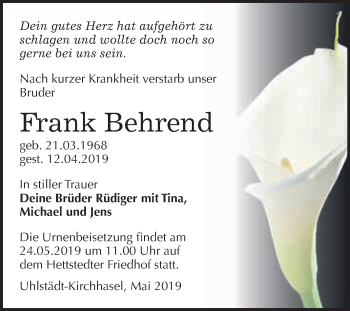 Traueranzeige von Frank Behrend von Super Sonntag SGH Mansf. Land