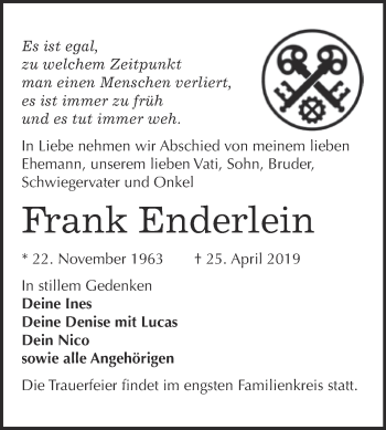 Traueranzeige von Frank Enderlein von WVG - Wochenspiegel Bitterfeld