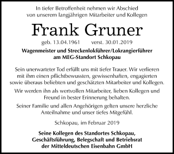 Traueranzeige von Frank Gruner von Mitteldeutsche Zeitung Merseburg/Querfurt