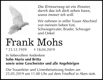 Traueranzeige von Frank Mohs von Mitteldeutsche Zeitung