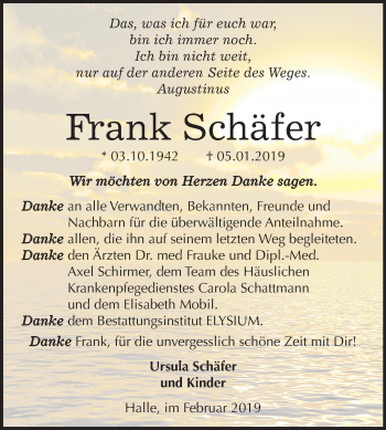 Traueranzeige von Frank Schäfer von Mitteldeutsche Zeitung Halle/Saalkreis