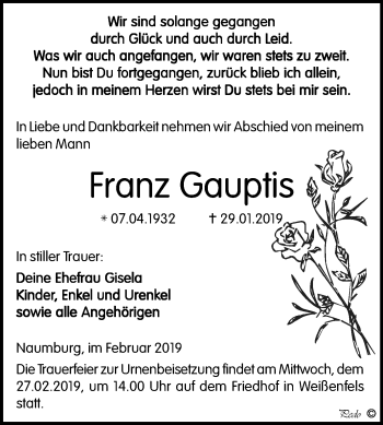 Traueranzeige von Franz Gauptis von Mitteldeutsche Zeitung Weißenfels