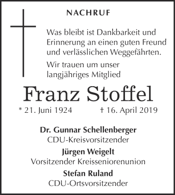 Traueranzeige von Franz Stoffel von Super Sonntag Bernburg