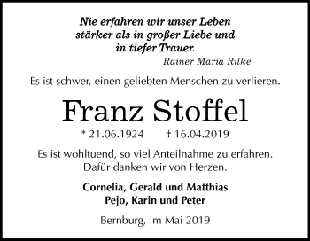 Traueranzeige von Franz Stoffel von Mitteldeutsche Zeitung