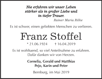 Traueranzeige von Franz Stoffel von Super Sonntag Bernburg