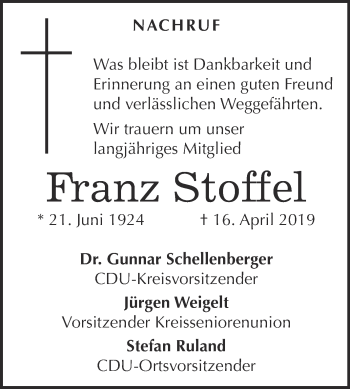 Traueranzeige von Franz Stoffel von Super Sonntag Bernburg