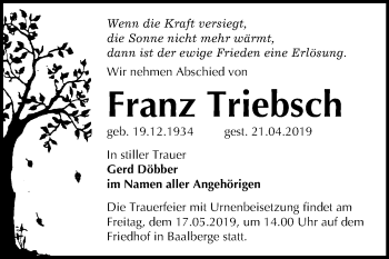 Traueranzeige von Franz Triebsch von Mitteldeutsche Zeitung Bernburg