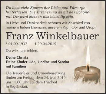 Traueranzeige von Franz Winkelbauer von WVG - Wochenspiegel Wittenberg