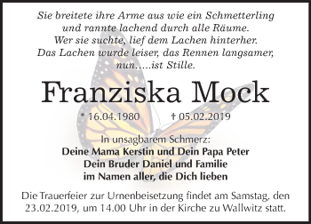 Traueranzeige von Franziska Mock von Mitteldeutsche Zeitung Halle/Saalkreis