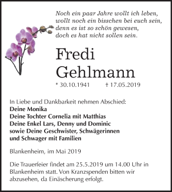 Traueranzeige von Fredi Gehlmann von Mitteldeutsche Zeitung Sangerhausen