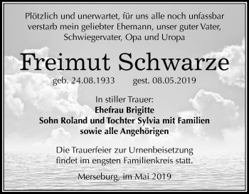 Traueranzeige von Freimut Schwarze von Mitteldeutsche Zeitung Merseburg/Querfurt
