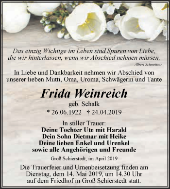 Traueranzeige von Frida Weinreich von Super Sonntag Aschersleben