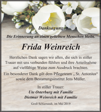 Traueranzeige von Frida Weinreich von Mitteldeutsche Zeitung