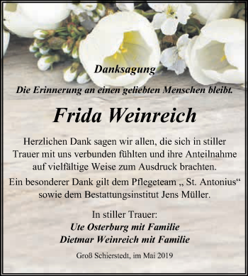 Traueranzeige von Frida Weinreich von Super Sonntag Aschersleben