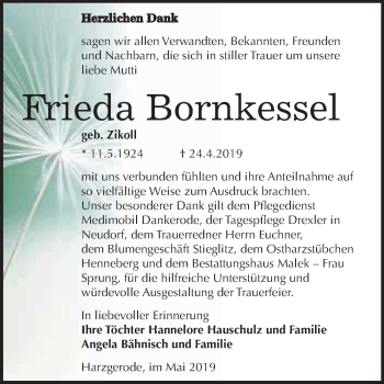 Traueranzeige von Frieda Bornkessel von WVG - Wochenspiegel Quedlinburg