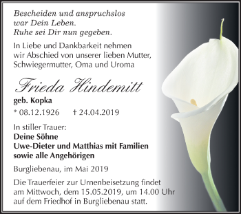 Traueranzeige von Frieda Hindemitt von Mitteldeutsche Zeitung Merseburg/Querfurt
