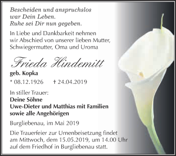 Traueranzeige von Frieda Hindemitt von Super Sonntag Merseburg