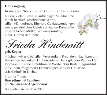 Traueranzeige von Frieda Hindemitt von Mitteldeutsche Zeitung