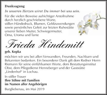 Traueranzeige von Frieda Hindemitt von Super Sonntag Merseburg