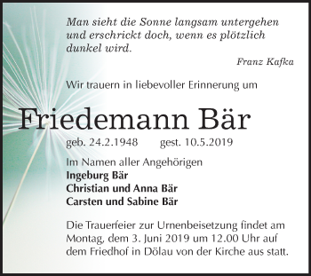 Traueranzeige von Friedemann Bär von Mitteldeutsche Zeitung
