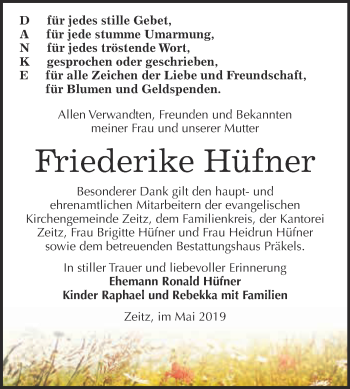 Traueranzeige von Friederike Hüfner von WVG - Wochenspiegel NMB / WSF / ZTZ