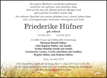 Traueranzeige von Friederike Hüfner von Mitteldeutsche Zeitung Zeitz