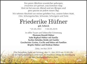 Traueranzeige von Friederike Hüfner von WVG - Wochenspiegel NMB / WSF / ZTZ