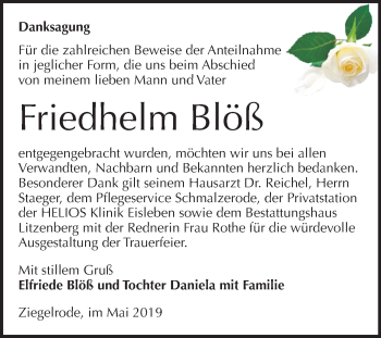Traueranzeige von Friedhelm Blöß von Mitteldeutsche Zeitung Mansfelder Land