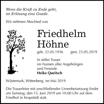 Traueranzeige von Friedhelm Höhne von WVG - Wochenspiegel Wittenberg