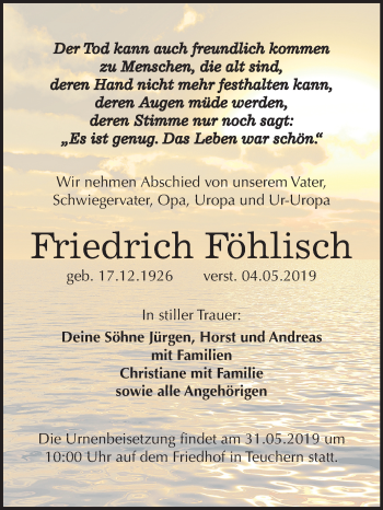 Traueranzeige von Friedrich Föhlisch von Mitteldeutsche Zeitung