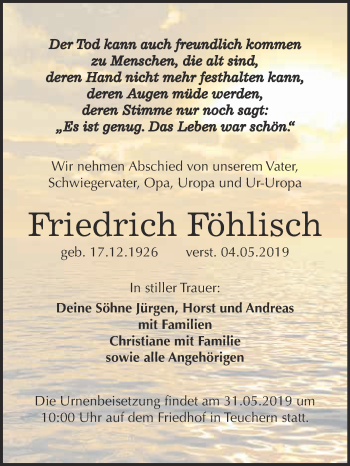 Traueranzeige von Friedrich Föhlisch von WVG - Wochenspiegel NMB / WSF / ZTZ