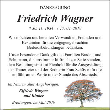 Traueranzeige von Friedrich Wagner von Super Sonntag SGH Mansf. Land