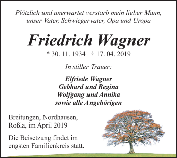 Traueranzeige von Friedrich Wagner von Mitteldeutsche Zeitung Sangerhausen