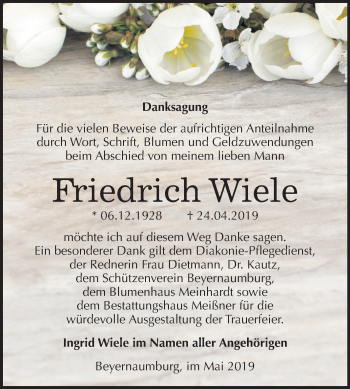 Traueranzeige von Friedrich Wiele von Mitteldeutsche Zeitung Sangerhausen