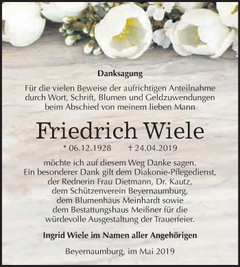 Traueranzeige von Friedrich Wiele von Super Sonntag SGH Mansf. Land