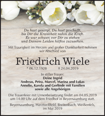 Traueranzeige von Friedrich Wiele von Mitteldeutsche Zeitung Sangerhausen