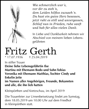 Traueranzeige von Fritz Gerth von Mitteldeutsche Zeitung Zeitz