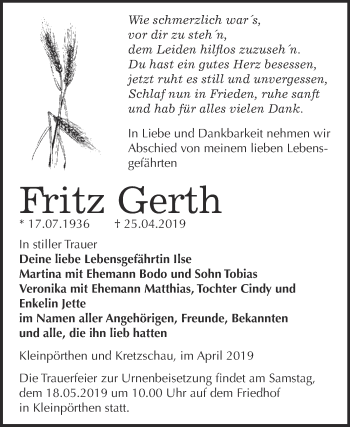 Traueranzeige von Fritz Gerth von WVG - Wochenspiegel NMB / WSF / ZTZ