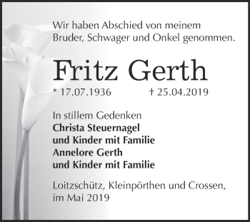 Traueranzeige von Fritz Gerth von Super Sonntag Zeitz